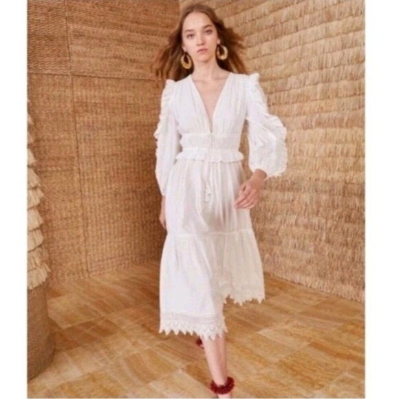 ULLA JOHNSON Sheila Embroidered Ruffled Lace Midi Dress in Pristine Ivory Size 0 - Picture 1 of 12